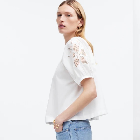 Madewell Floral Embroidered Puff Sleeve Top – Size M, NWT, One Broken Button - Picture 2 of 6